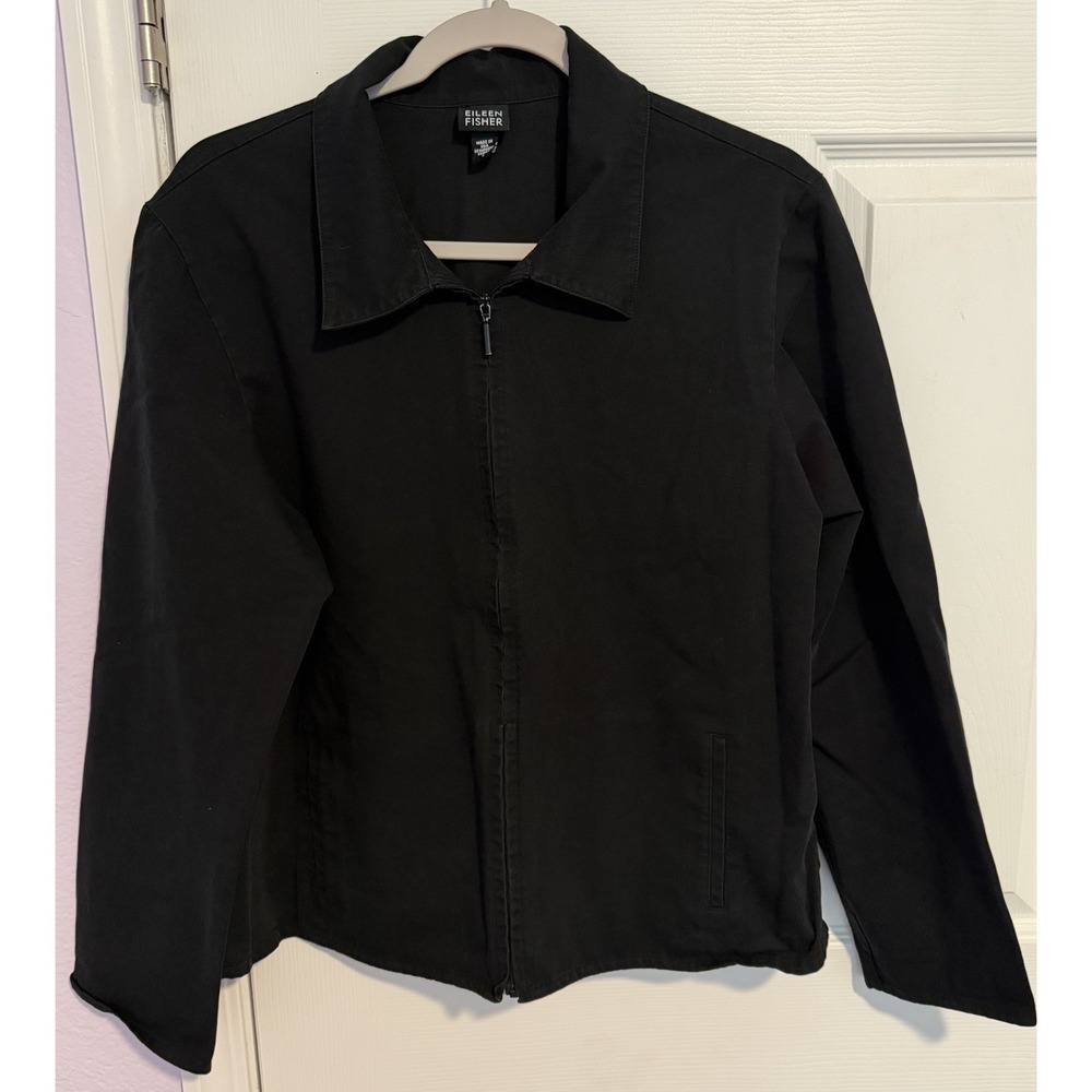 Eileen Fisher Women's L Black Full Zip Lightweight Cotton Twill Jacket Pockets